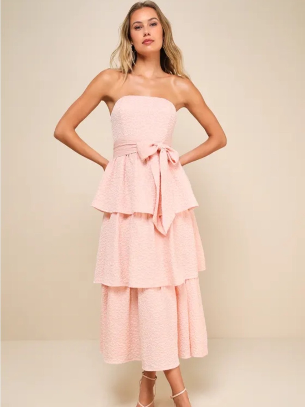 NWT! Lulus Truly Marvelous Blush Pink Jacquard Strapless Tiered Midi Dress. Lrg